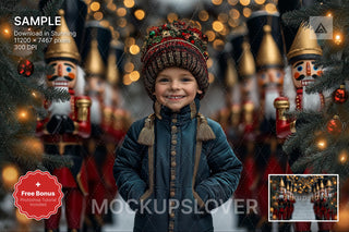 christmas nutcracker scene with twinkle lights, ideal for holiday photo shoots and winter wonderland themes