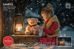 digital background featuring a country christmas scene with teddy bear and lantern, ideal for holiday photos