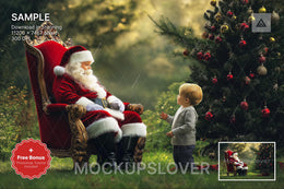 kids in christmas scene with tree farm and santa for holiday portraits