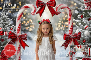 candy cane arch scene with winter landscape background and festive props