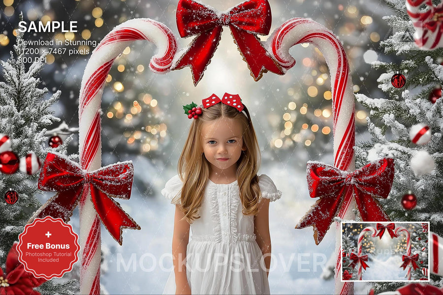 candy cane arch scene with winter landscape background and festive props