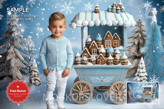 gingerbread house scene with winter landscape background and festive props