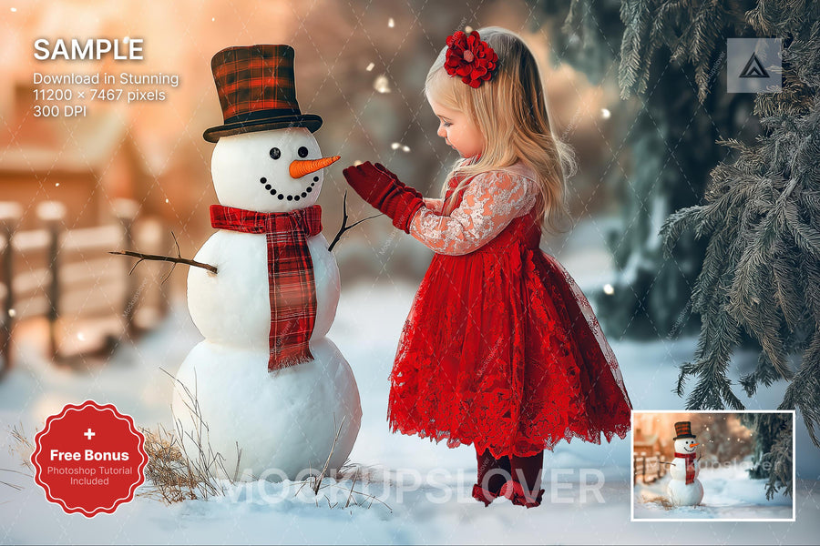 christmas snowman scene with winter landscape background and festive props