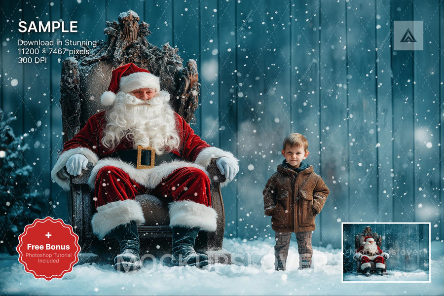 santa claus throne scene with winter backdrop, perfect for holiday photo shoots