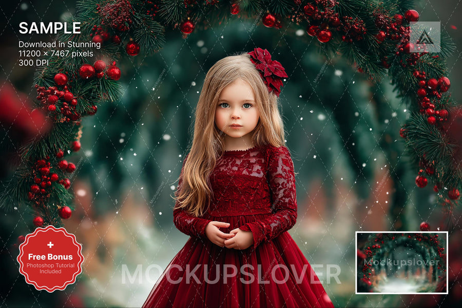 christmas arch scene with winter landscape background and studio setup