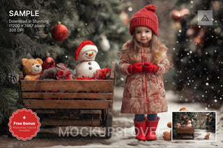christmas wagon scene with snow, trees, and holiday decorations, ideal for winter photo sessions