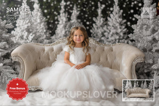 vintage christmas couch against winter wonderland backdrop with snow-covered trees, perfect for holiday portrait photography
