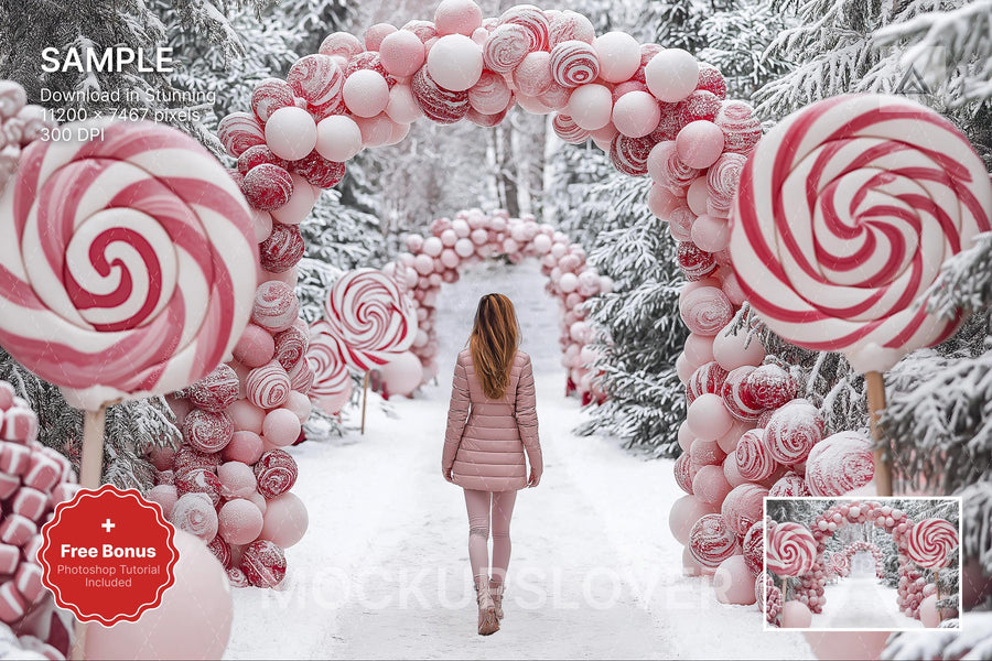 scene of a pink candy cane arch in a winter wonderland backdrop, perfect for holiday kids photo shoots