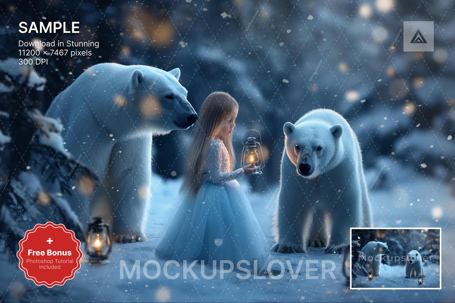 kids in winter wonderland scene with polar bear, woodland animals, and lantern for holiday photos