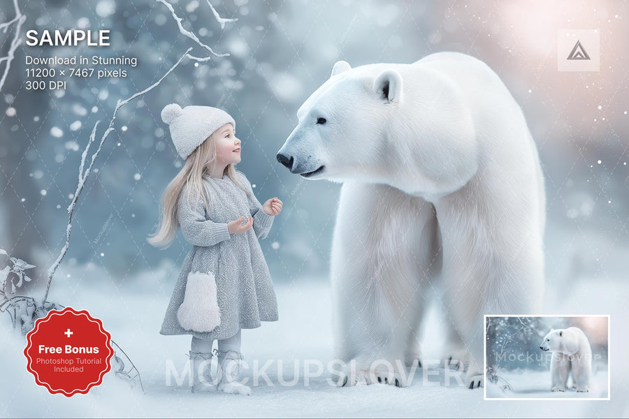 kids in winter wonderland scene with polar bear and woodland animals for holiday photos