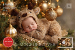 christmas baby face swap digital backdrop featuring reindeer, ideal for holiday newborn photo shoots