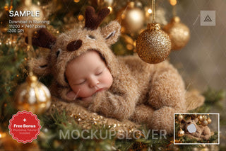 christmas baby face swap digital backdrop featuring reindeer, ideal for holiday newborn photo shoots