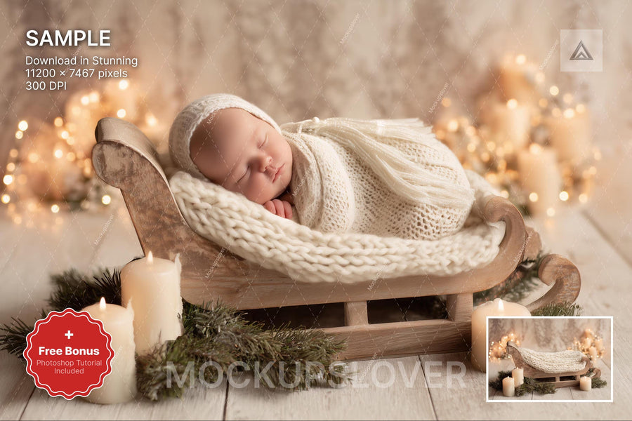 digital backdrop of a cozy christmas scene with a baby, suitable for holiday photo shoots