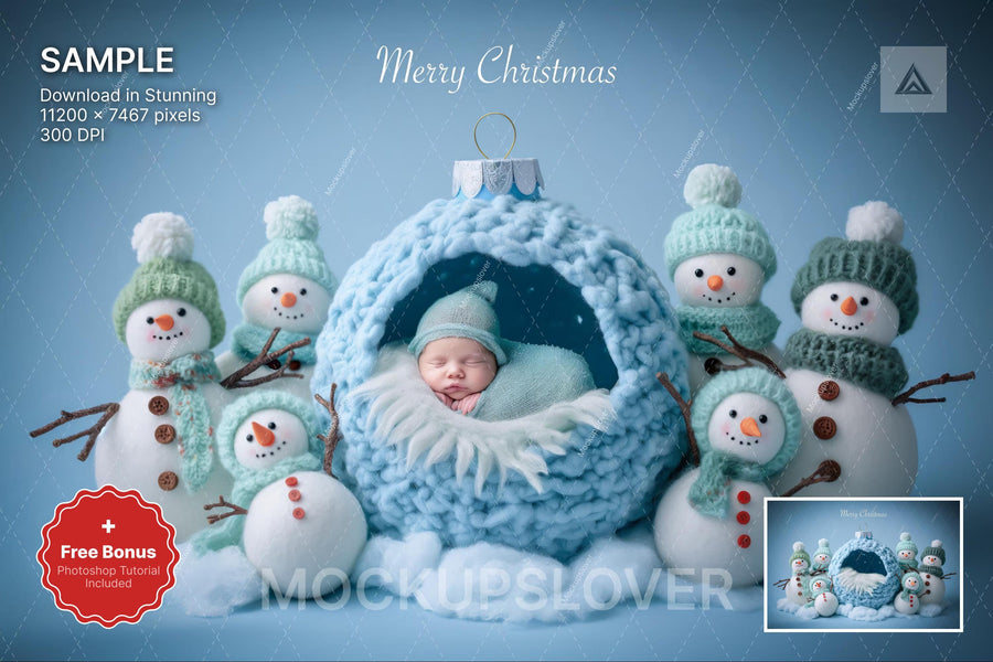 christmas baby with snowmen and ornaments in blue studio, perfect for holiday newborn photography