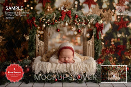 christmas newborn baby in rustic studio with holiday digital overlay and vintage backdrop