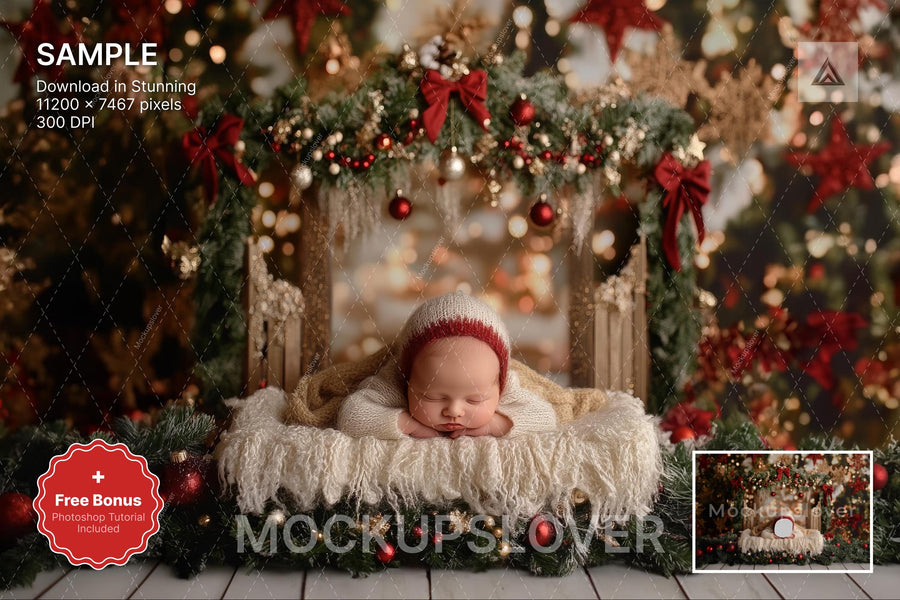 christmas newborn baby in rustic studio with holiday digital overlay and vintage backdrop