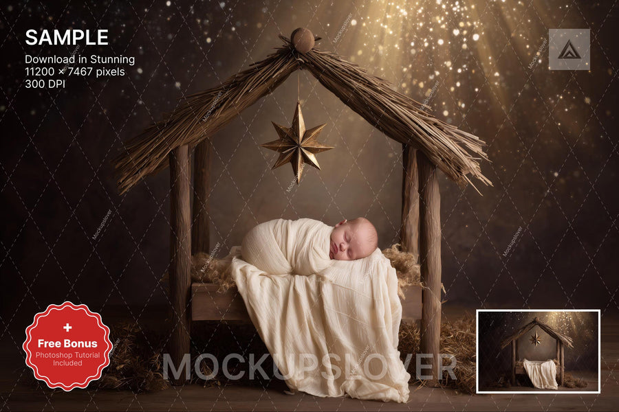 newborn baby with christmas nativity backdrop in a barn setting for holiday photography