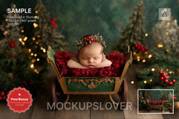 newborn in basket surrounded by christmas tree and decorations, digital photography backdrop