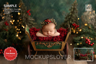 newborn in basket surrounded by christmas tree and decorations, digital photography backdrop