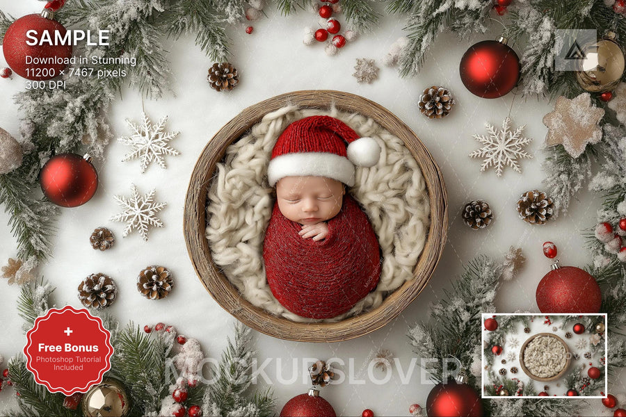 newborn baby wrapped in christmas-themed studio setup for winter photography backdrop