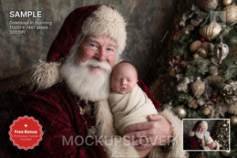 newborn in santa claus theme with face swap overlay for holiday photo in digital backdrop
