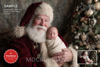 newborn in santa claus theme with face swap overlay for holiday photo in digital backdrop
