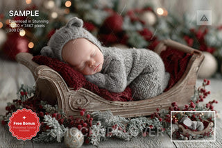 newborn face swap with teddy bear sitting in a wooden santa sleigh, perfect for christmas baby photos