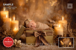 baby with christmas decorations and gift, digital backdrop for holiday photos, perfect for newborn shoots