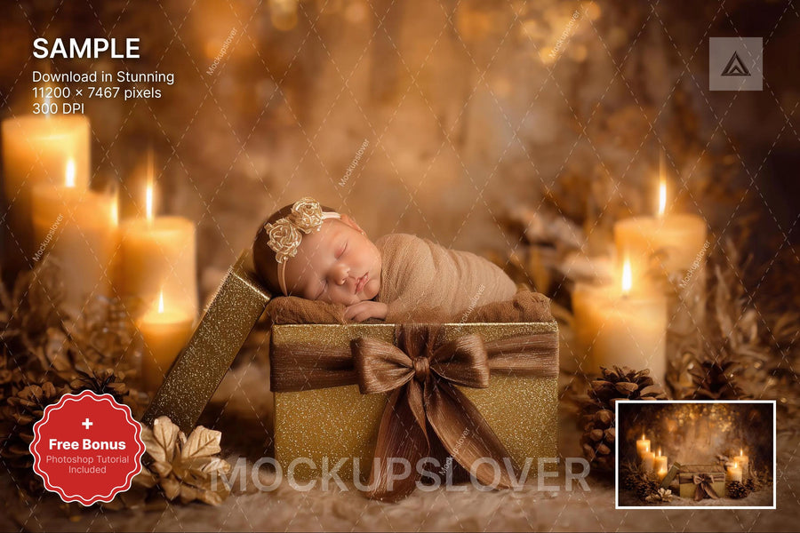 baby with christmas decorations and gift, digital backdrop for holiday photos, perfect for newborn shoots