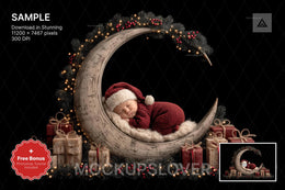 newborn face swap overlay with crescent moon on a christmas backdrop, suitable for holiday photo shoots