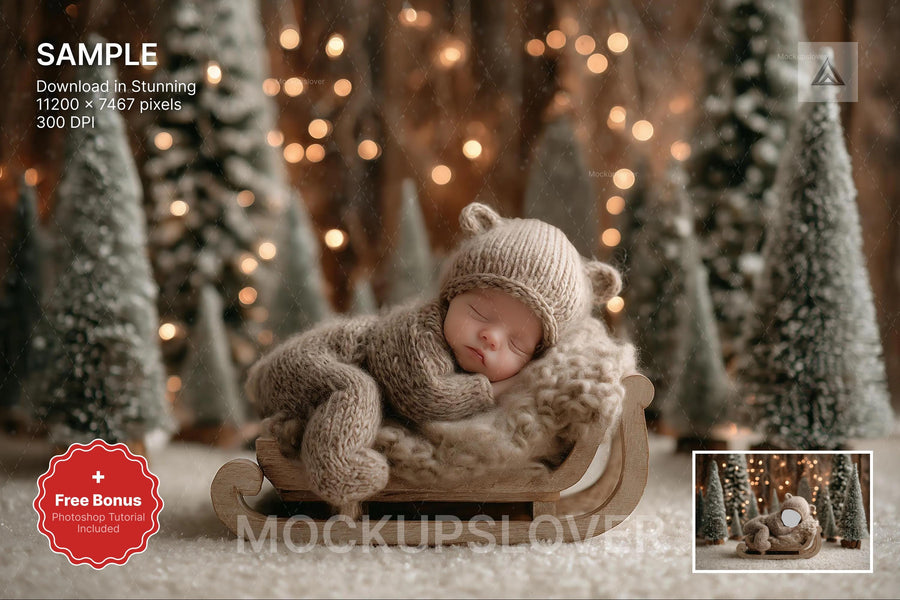 newborn christmas digital backdrop with teddy bear overlay in winter wonderland setting