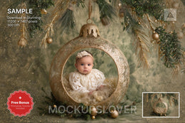 christmas ornament with green backdrop, ideal for festive newborn photo shoots