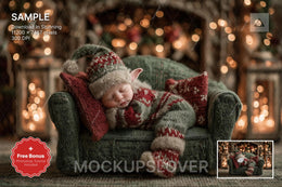 face swap overlay for christmas baby photos, cozy studio background, holiday newborn prop, canva template