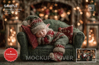 face swap overlay for christmas baby photos, cozy studio background, holiday newborn prop, canva template