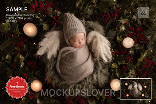 baby angel face swap overlay with winter wonderland background, suitable for newborn photography