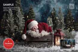 scene of a snowy winter forest with christmas decorations, ideal for newborn and holiday photos