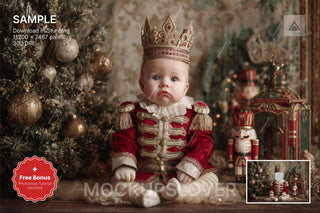 baby in christmas outfit with nutcracker face swap, winter wonderland background, festive holiday scene