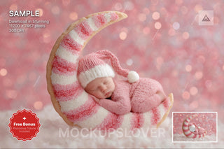 baby in pink christmas scene with crescent moon and santa face swap overlay for studio photos