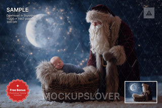 infant resting in santa claus's arms with a winter wonderland backdrop for christmas photoshoot