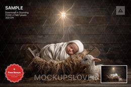 nativity christmas baby scene with lamb and animals, digital backdrop for holiday photos