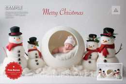baby in santa hat on snowy winter scene with snowmen and holiday decor