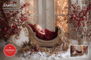 santa sleigh scene with christmas backdrop, perfect for newborn holiday photography, digital studio prop