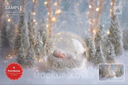 christmas baby scene with winter landscape background and festive props