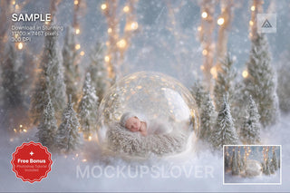 christmas baby scene with winter landscape background and festive props