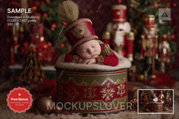 newborn baby in festive christmas scene, holiday photo backdrop for newborn shoots