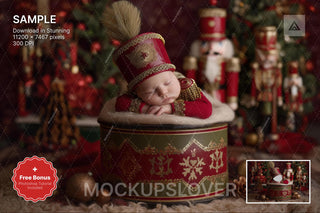 newborn baby in festive christmas scene, holiday photo backdrop for newborn shoots