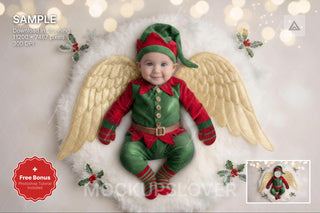 christmas elf face swap overlay with angel wings, newborn backdrop, holiday props, studio background