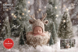 reindeer face swap overlay on winter scene, holiday backdrop for newborn photos, christmas digital background