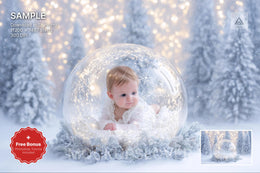 christmas baby scene with winter landscape background and festive props