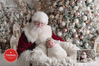 kids and newborn in christmas scene with santa and winter backdrop for holiday portraits